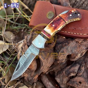 Premium OEM RB <b>Knives</b> Damascus Steel Folding Pocket Hunting <b>Knife</b> Rosewood <b>Handle</b> Brass Bolster Drop Point 7" Overall Camping - Product Image 3