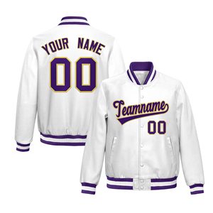 Veste universitaire unisexe blanche et violette, personnalisable avec nom et numéro brodés, style vintage, col en V, coupe classique, vêtement d'hiver en cuir PU - Product Image 1
