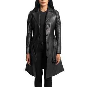 Manteau trench en cuir d'agneau noir de style moderne confortable pour femmes, prix de gros / Manteaux trench en cuir véritable tendance - Product Image 1