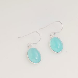 Pendientes Colgantes Ovalados de Calcedonia Azul Natural, Plata de Ley 925, Gema Cabujón Hecha a Mano, Joyería Elegante para Regalo - Product Image 1