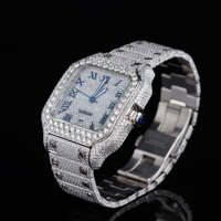 Luxuriöse Antike Mode-Herrenuhr mit Eisbesetzten Quadratischen Diamanten, Blauem Römischem Zifferblatt, Edelstahl, Automatik-Quarzwerk, Tag/Datum-Anzeige, Saphirglas
