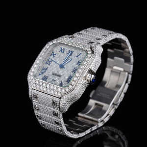 Montre de luxe pour homme sertie de diamants carrés, cadran bleu romain, acier inoxydable, automatique, haut de gamme - Product Image 3