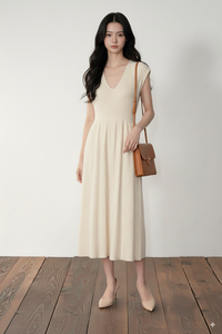 Vestido Midi de Punto Acanalado con Cuello en V y Manga Corta para Mujer, Directo de Fábrica, Cómodo y Transpirable, Ropa de Punto de Verano, Pedido al por Mayor, Servicio OEM - Product Image 4