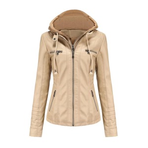 Women's Black Hooded <b>Leather</b> <b>Jacket</b> With Zipper Pockets And Adjustable Cuffs - Product Image 3