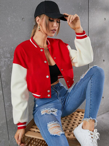 Premium Women's Red <b>White</b> Eco-Friendly Wool Leather Winter Varsity <b>Jacket</b> <b>Short</b> Cropped Button up Collar Full Sleeve OEM - Product Image 4