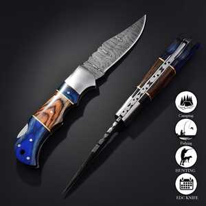 UA Supplies Excellent Quality Damascus Steel Folding <b>Knife</b> Colorful Pakka Wood <b>Handle</b> EDC Pocket <b>Knife</b> with Leather Pouch - Product Image 2