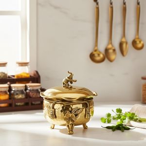 Brass Elephant Handi with Lid Antique Finish Decorative Storage Pot with <b>Floral</b> Design Legs Masala <b>Box</b> Dry Fruit Contain - Product Image 2