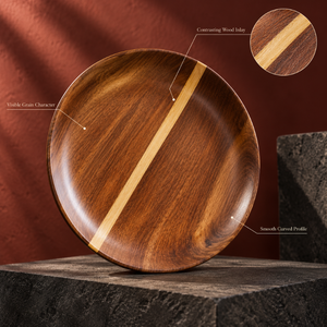 Assiette de service artisanale en bois de manguier avec incrustation de bois contrastant et surface polie |   Assiette de service pour mariage, durable et moderne - Product Image 2