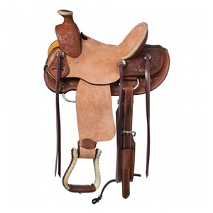 Selle de cheval Western en cuir de qualité supérieure, personnalisée OEM, avec bordure florale en cuir brut travaillé à la main, pour la course de baril, pour enfants et adultes - Product Image 4