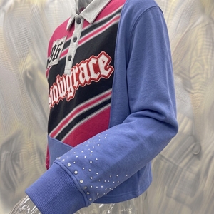 เสื้อเบสบอลแขนยาวสีสันตัดกัน Snowgrace ปักโลโก้ คอปกพับได้ ทรงปกติ เสื้อผ้าผู้หญิง - Product Image 4