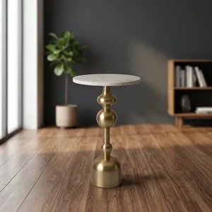 Modern <b>Round</b> White Marble Top <b>Side</b> <b>Table</b> with Sculptural <b>Gold</b> Metal Pedestal Base Luxury Accent Furniture for Contemporary - Product Image 3