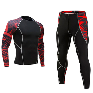 Ensemble de vêtements de sport pour homme, t-shirt à manches longues compressif et leggings longs, gris uni, noir, spandex, polyester, antibactérien, 220g, élastique - Product Image 1
