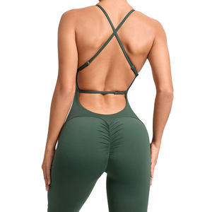 Combinaison de yoga une pièce pour femmes grandes tailles, avec effet froncé aux fesses et pantalon évasé, vêtements de sport personnalisables avec logo - Product Image 3