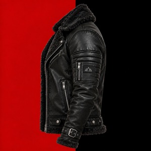 <b>Men's</b> Black <b>Shearling</b> Leather Moto <b>Jacket</b> Zip Up Biker <b>Jacket</b> Fur Collar Slim Fit Autumn Outerwear - Product Image 3