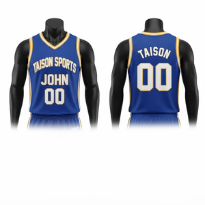 Camiseta de Baloncesto Personalizada para Hombre, Malla de Poliéster Premium de 160 GSM, Manga Corta, Paneles Laterales Azules y Dorados, Logotipo Personalizado - Product Image 1