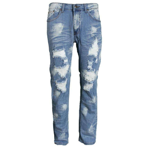 Jean en denim déchiré et délavé pour homme, coupe droite, taille mi-haute, décontracté, bleu délavé - Product Image 3