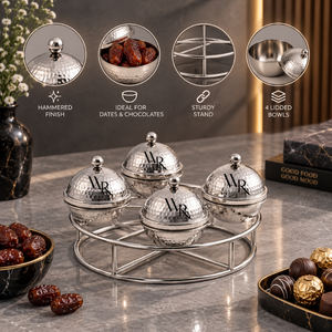 Elegante Juego de Tazones para Servir de Acero Inoxidable Martillado, 4 Piezas con Tapas y Soporte |   Dátiles, Chocolates, Nueces, Frutos Secos, Bocadillos, Dulces, Regalo - Product Image 3