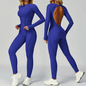 Combinaison longue sans dos à manches longues avec effet froncé aux fesses, bleu uni, pour le yoga et les activités sportives pour femmes - Product Image 1