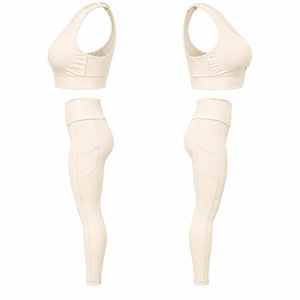Women's Cream <b>Racerback</b> Sports <b>Bra</b> & High Waist Leggings Set Yoga Fitness Activewear Seamless Breathable Quick Dry - Product Image 6