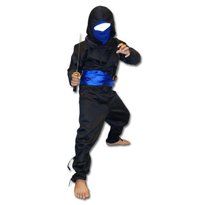 Costume de ninja noir pour garçons, avec capuche intégrale, ceinture bleue, vêtements d'arts martiaux Kung Fu, coupe standard, polyester, taille enfant, en stock - Product Image 1