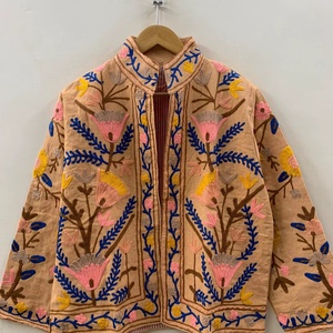 Hand-Embroidered Suzani Cotton <b>Jacket</b> Floral Embroidery Boho-Chic Styling <b>Mandarin</b> <b>Collar</b> Reversible Quilted <b>Jacket</b> - Product Image 1