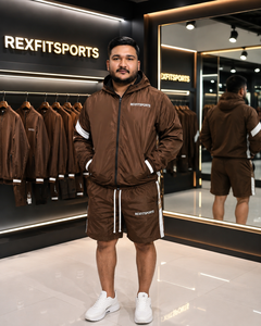 REXFIT <b>SPORTS</b> 2026 Custom Men Brown Nylon Sportswear Set Hooded Windbreaker <b>Jacket</b> Shorts Two Piece Tracksuit Lightweight Street - Product Image 2