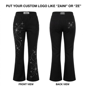Women Flare Pants Premium Cotton French Terry 320 GSM Black <b>Bell</b> Bottom Rhinestone Custom Logo Wide Leg High Waist Streetwear - Product Image 1