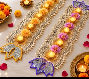 Traditional Metal Floral <b>Candle</b> Holder Set With Beaded Design For Diwali Indoor Tabletop Home Decor Living Room Use - Product Image 2