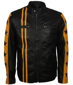 남성용 옐로우 스타 스트라이프 재킷 블랙 가죽 자켓 하이 퀄리티 겨울 방수 자전거 타기 패션 자켓