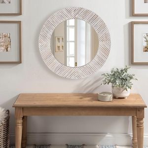 Handcrafted <b>Round</b> Whitewashed Wooden <b>Wall</b> <b>Mirror</b> Rustic Farmhouse Decorative Accent <b>Mirror</b> for Living Room Bedroom Entryway Bath - Product Image 2