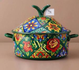 Casserole en émail floral royal avec couvercle, pot de service décoratif de luxe, pot à fondue, qualité export, vaisselle de cuisine, vente en gros - Product Image 6