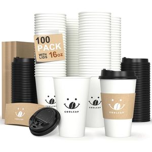 Bicchieri da Caffè Usa e Getta da 16 Once con Coperchi, Confezione da 100, Manicotti Termici per Bicchieri di Carta da Caffè - Product Image 1