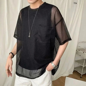 เสื้อยืดผู้ชาย Y2K ลายตารางโปร่งแสง แขนสั้นอเนกประสงค์ เสื้อยืดสตรีทแวร์ สีพื้น สำหรับฤดูร้อน เสื้อผ้าผู้ชาย 2024 - Product Image 1
