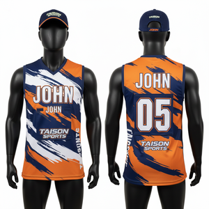 Jersey de Netball para Hombre al Mejor Precio, 180 GSM, Poliéster Premium Interlock, Paneles Naranja, Azul Marino y Blanco, Sublimación, Logotipo Personalizado - Product Image 1