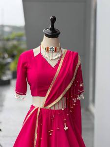 Ensemble de robe Anarkali rose pour femmes avec dupatta, bordure dorée, longueur au sol, tenue de mariage indienne pakistanaise - Product Image 2