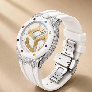 Montre à quartz en céramique blanche de luxe pour femme, avec lunette sertie de diamants et bracelet en silicone - Product Image 6