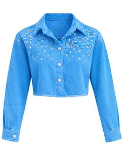 Veste en jean courte bleue personnalisée pour femme avec boutons sur les épaules ornés de strass, manches longues, style décontracté streetwear - Product Image 1