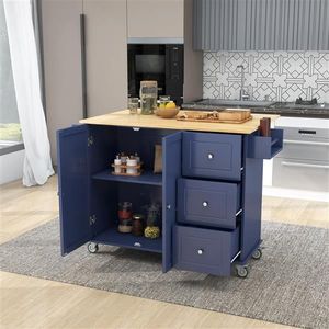 Isola da Cucina Portatile con Piano in Legno Massello e Ruote Bloccabili, Armadietto Contenitore da 52,7 Pollici Blu Scuro con Anta a Ribalta - Product Image 2