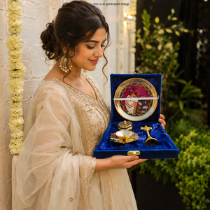 Coffret cadeau de mariage Diwali avec assiette Pichwai de 6 pouces, Kumkum Dibbi, Diya en laiton, cloche, étui en tissu suédé, ensemble cadeau Pooja fait main - Product Image 2