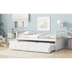 Letto singolo in legno di pino con testiera e pediera grigie, include tre cassetti contenitore e letto estraibile per bambini - Product Image 6
