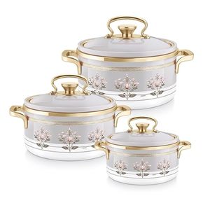 Ceramic Casseroles <b>Set</b> With Glass Lid Floral Design Round <b>Pot</b> Zinc Alloy Handle - Product Image 3