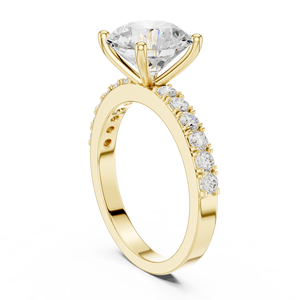Bague de fiançailles et de mariage en or jaune avec diamant solitaire rond brillant et bande pavée pour femme - Product Image 2