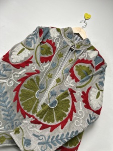 Floral Embroidered <b>Velvet</b> Bomber <b>Jacket</b> <b>Women</b> O'Collar Full Sleeve Winter Vintage Thick Breathable Woven Outerwear Casual Open - Product Image 3