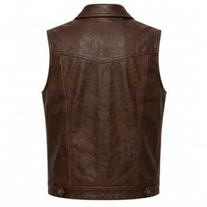 Stylish Men’s Vintage Brown Leather Vest Classic Snap Button Motorcycle Biker Waistcoat for Casual Streetwear Fashion - Product Image 2