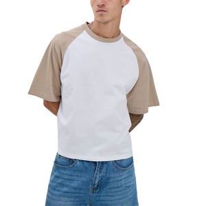 Men's Oversized <b>Raglan</b> <b>Sleeve</b> <b>T</b>-<b>Shirt</b> White Beige Contrast Color Blocked O-Neck Casual Jersey 100% Cotton Solid Design - Product Image 3