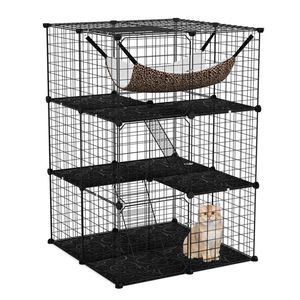 Jaula para Gatos Negra de 3 Niveles de 74x74x107.5cm con Hamaca y Escaleras, Ensamblaje DIY para 1-3 Mascotas Pequeñas, PP+Metal - Product Image 1