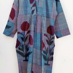 Women's <b>Summer</b> Casual Eco-Friendly Block Printed Floral Bohemian Hand Woven Maxi <b>Dress</b> <b>with</b> Button Decoration 3/4 Sleeve <b>Pockets</b> - Product Image 2