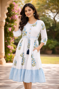 Boho Floral Print Cotton Kali Dress for Women - Long Sleeve Ethnic Midi with Tassels & Jaipuri Hand Block Panel Work Designs - Product Image 3