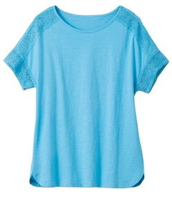 Nouveau Style femmes à la mode coton tricot slub dentelle travaillé épaule et manches couleur unie tee ourlet arrondi col bateau haut pour dames - Product Image 4