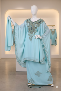 Ensemble Abaya Marocaine Azure Céleste Brodée à la Main, Tunique en Polyester Premium avec Perles de Cristal Raffinées, Manches Longues, Longueur Ras du Sol - Product Image 3